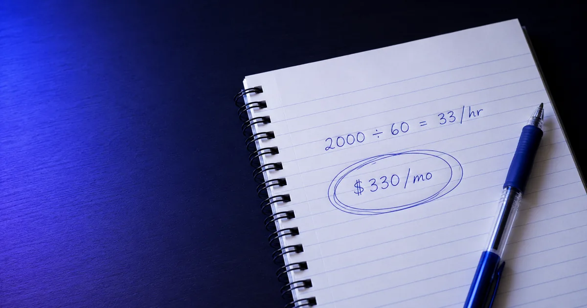 Notebook on a dark desk with the beginner rate math handwritten in pen: 2000 ÷ 60 = 33/hr, and $330/mo circled