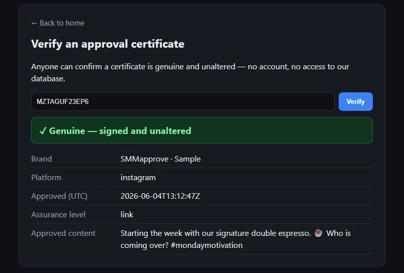 A public SMMapprove verification page showing a genuine, signed and unaltered approval record for a sample post, with brand, platform and approval date