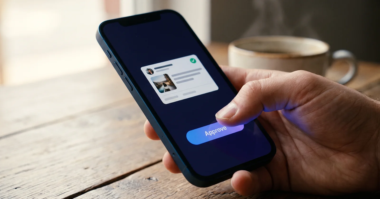 A client's hand tapping the Approve button on a phone showing a social post ready for sign-off — no login, one tap