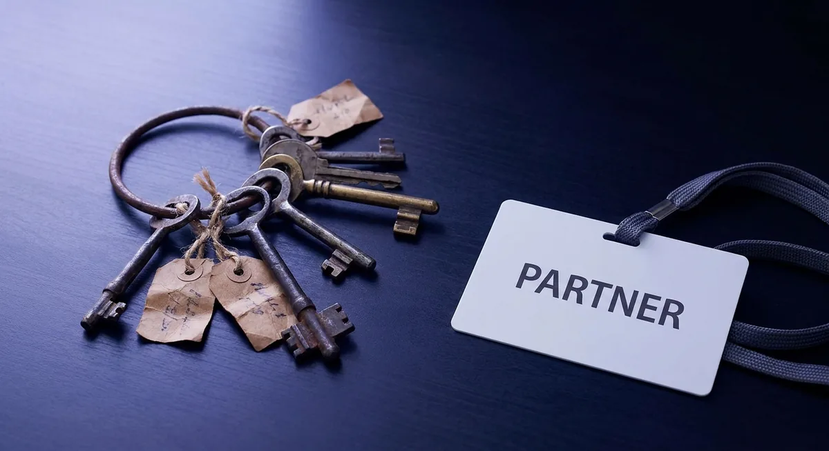 A worn bunch of old keys with crumpled paper tags on a dark indigo desk next to one clean white access badge on a lanyard printed with the word PARTNER