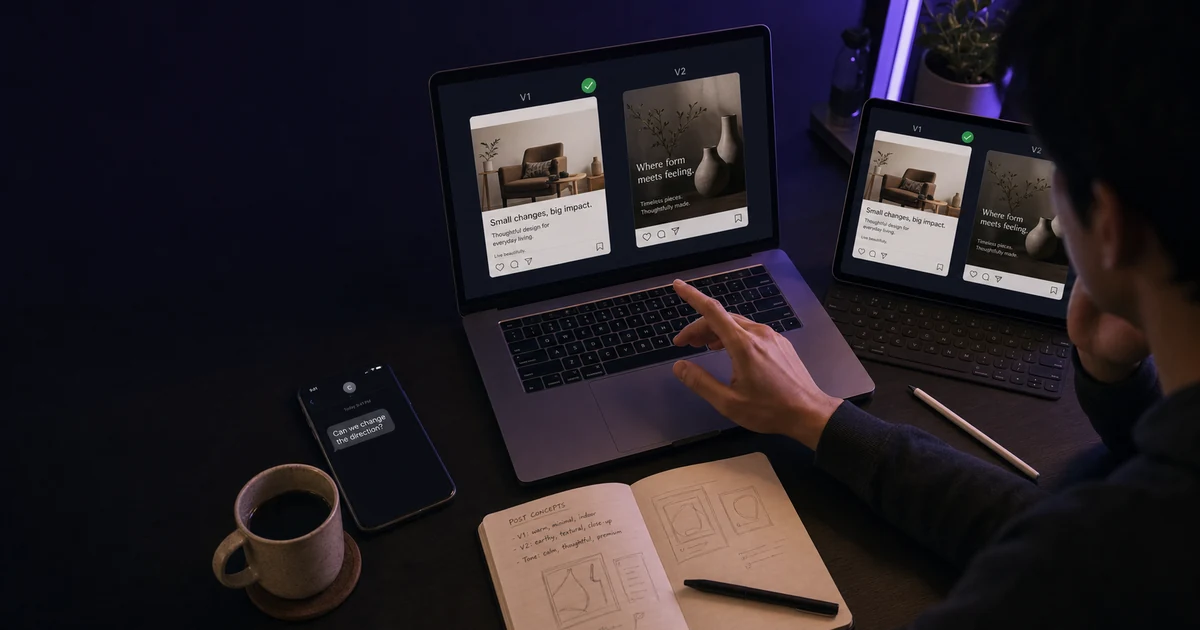 A social media manager comparing an approved V1 post with a changed V2 after a client message asks to change direction.