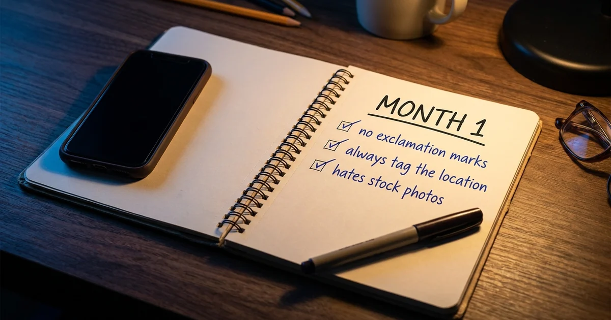 A spiral notebook on a dark desk headed 'Month 1', with a handwritten client-taste note: 'no exclamation marks', 'always tag the location', 'hates stock photos', a pen resting beside it