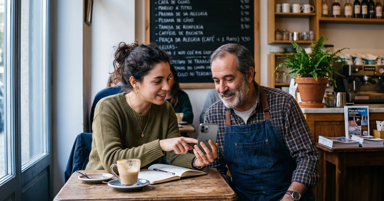 A freelance social media manager showing her phone to a local cafe owner across a small table, the start of a first client conversation.