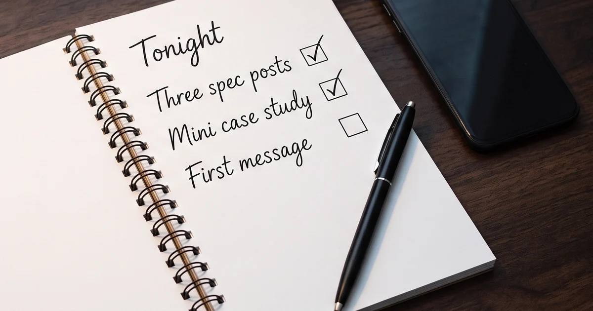 A handwritten evening to-do list in a spiral notebook on a dark wooden desk: 'Tonight' with 'Three spec posts' and 'Mini case study' ticked off and 'First message' still unchecked, a pen and phone beside it