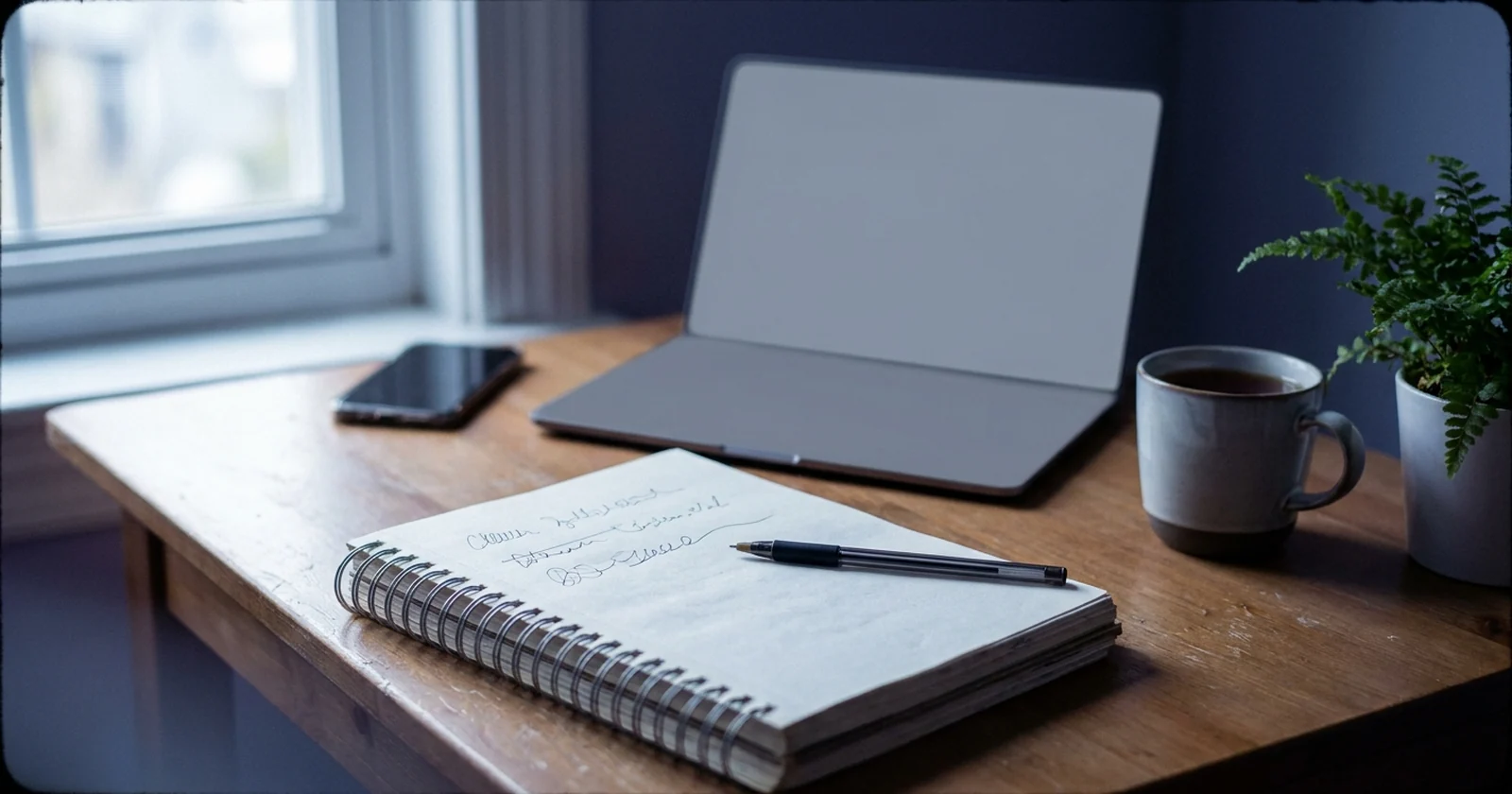 An open spiral notebook on a wooden desk by a window, three short handwritten lines on the page and a pen resting across it, with a closed laptop, a mug and a phone lying face-down behind.