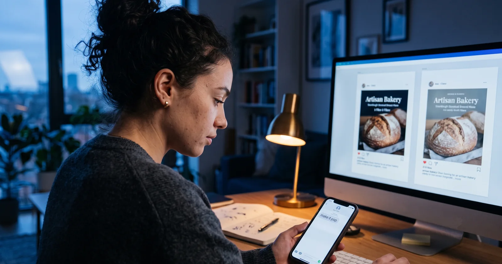 A social media manager at dusk looking at a phone showing a client message that reads make it pop, with two near-identical draft posts on the monitor beside them.