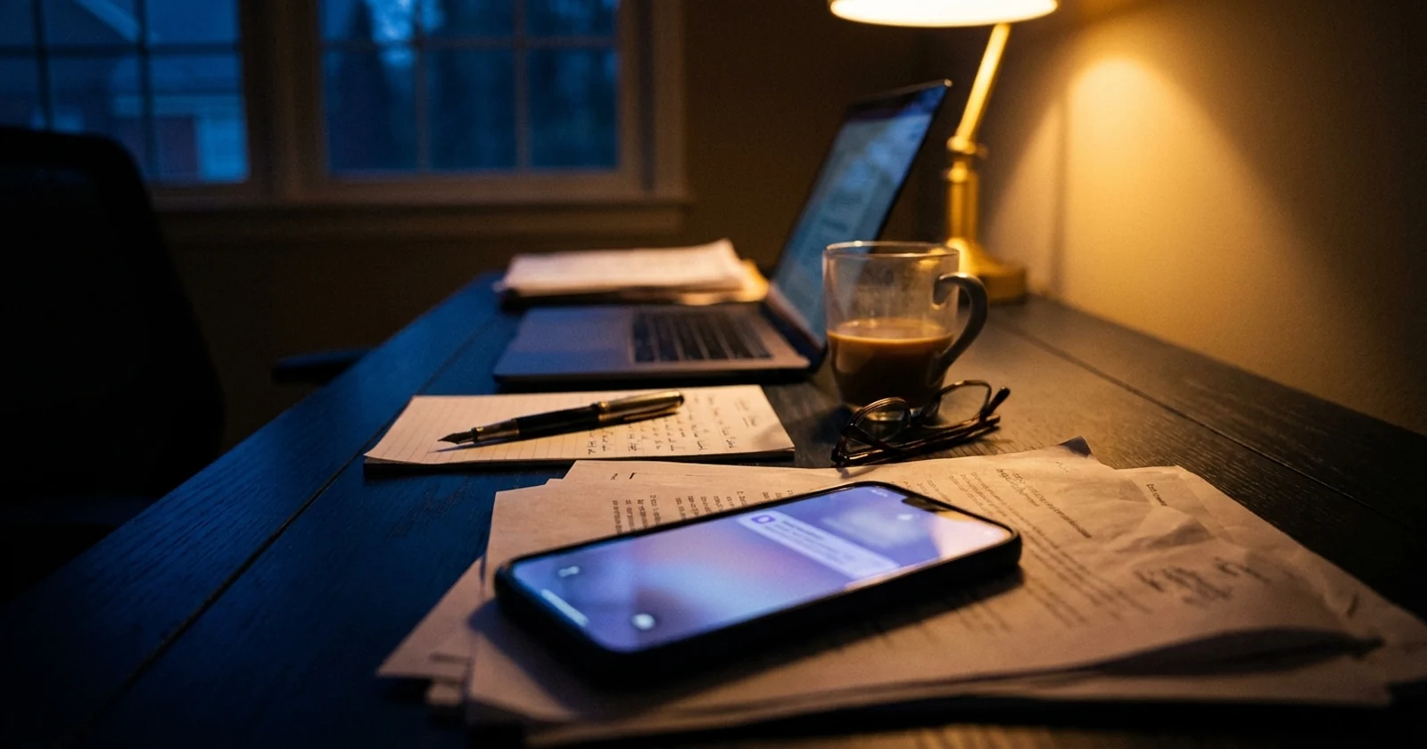 A phone lying face-up on a dim executive desk, a notification glowing on its screen while an angled-away laptop, a cooling coffee and handwritten notes show the owner is busy with something else.