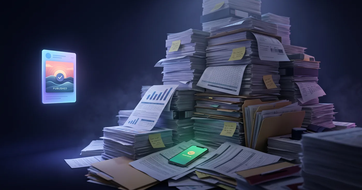 A finished, ready-to-publish social post glows on the left while its single green approval notification lies buried at the foot of a mountain of the client's other paperwork
